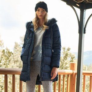 Long Puffer Coat With Fur Hood 